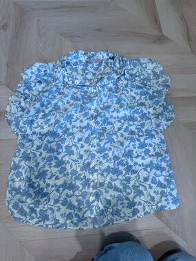 Philosophy Blue and White Floral Ruffle Neck Blouse
